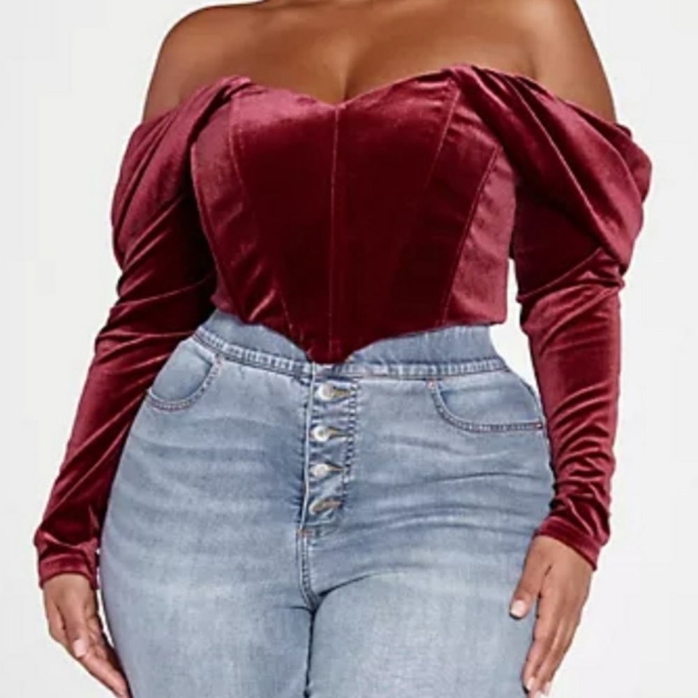 Burgundy Valeria Off-The-Shoulder Velvet Corset Top — Size 1
